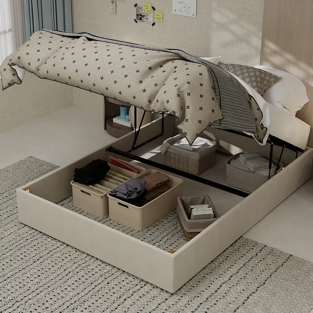 Okwish Lit Coffre Double 140x200 cm, Lit Adulte et Ado avec Vérins Hydrauliques, Cadre Moderne, Velours Hollandais Beige, Sans Matelas* Lit Coffre