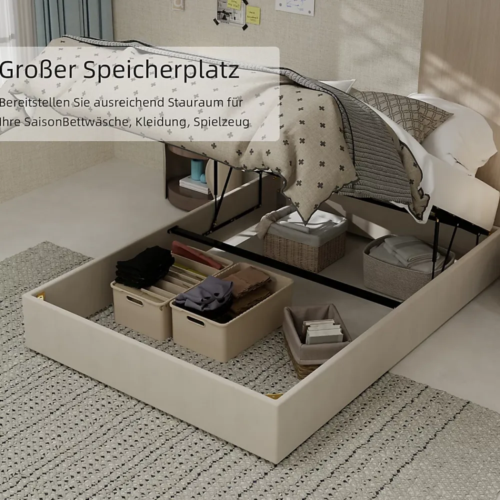 Okwish Lit Coffre Double 140x200 cm, Lit Adulte et Ado avec Vérins Hydrauliques, Cadre Moderne, Velours Hollandais Beige, Sans Matelas* Lit Coffre