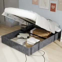 Lit Coffre Double 160x200 cm, Lit Adulte avec Vérin Hydraulique et Cadre Moderne, Sans Matelas, Gris>Okwish