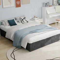 Lit Coffre Double 160x200 cm, Lit Adulte avec Vérin Hydraulique et Cadre Moderne, Sans Matelas, Gris>Okwish
