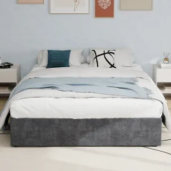 Lit Coffre Double 160x200 cm, Lit Adulte avec Vérin Hydraulique et Cadre Moderne, Sans Matelas, Gris><noscript><img width=