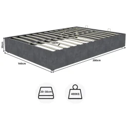 Lit Coffre Double 160x200 cm, Lit Adulte avec Vérin Hydraulique et Cadre Moderne, Sans Matelas, Gris><noscript><img width=