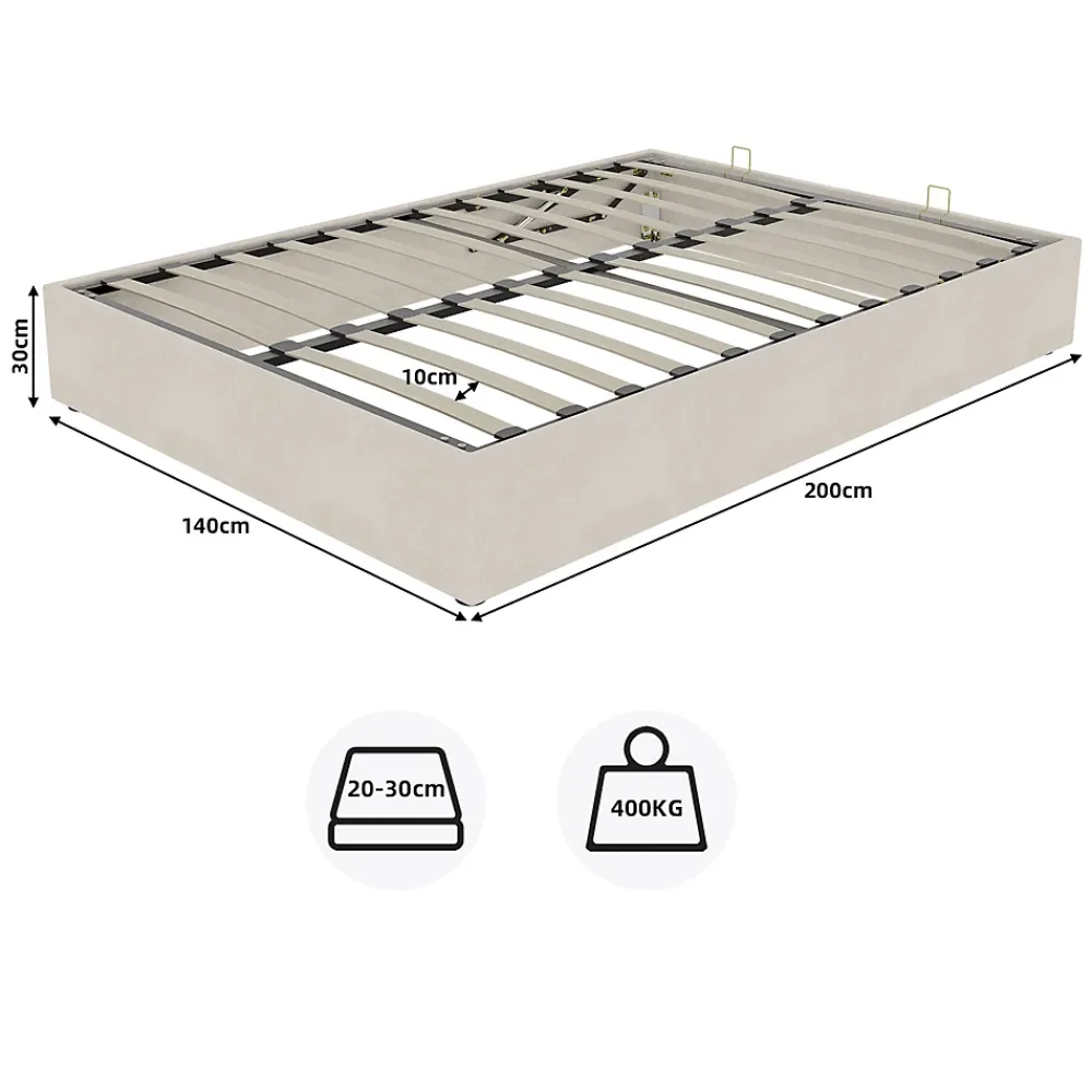 Okwish Lit Coffre Double 140x200 cm, Lit Adulte avec Vérins Hydrauliques, Cadre Moderne en Velours Beige, Sans Matelas* Lit Coffre
