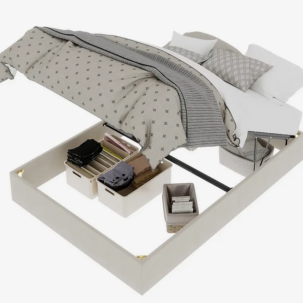 Okwish Lit Coffre Double 140x200 cm, Lit Adulte avec Vérins Hydrauliques, Cadre Moderne en Velours Beige, Sans Matelas* Lit Coffre