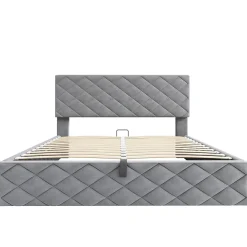 Okwish Lit Coffre Double 140x200 cm, Lit Capitonné en Velours, Grand Espace de Rangement, Gris, Sans Matelas* Lit Coffre