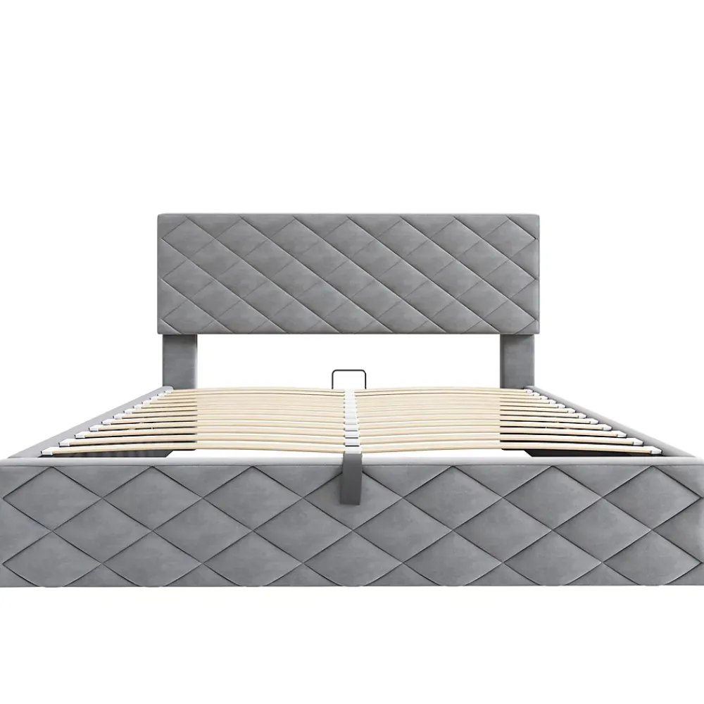 Okwish Lit Coffre Double 140x200 cm, Lit Capitonné en Velours, Grand Espace de Rangement, Gris, Sans Matelas* Lit Coffre