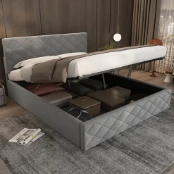 Okwish Lit Coffre Double 140x200 cm, Lit Capitonné en Velours, Grand Espace de Rangement, Gris, Sans Matelas* Lit Coffre