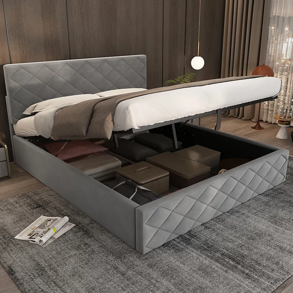 Okwish Lit Coffre Double 140x200 cm, Lit Capitonné en Velours, Grand Espace de Rangement, Gris, Sans Matelas* Lit Coffre