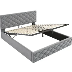 Okwish Lit Coffre Double 140x200 cm, Lit Capitonné en Velours, Grand Espace de Rangement, Gris, Sans Matelas* Lit Coffre