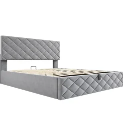 Okwish Lit Coffre Double 140x200 cm, Lit Capitonné en Velours, Grand Espace de Rangement, Gris, Sans Matelas* Lit Coffre