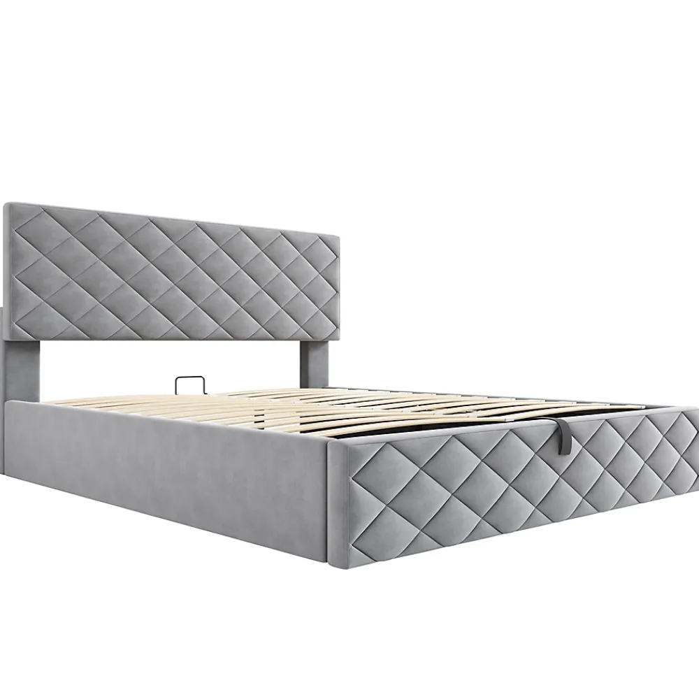 Okwish Lit Coffre Double 140x200 cm, Lit Capitonné en Velours, Grand Espace de Rangement, Gris, Sans Matelas* Lit Coffre