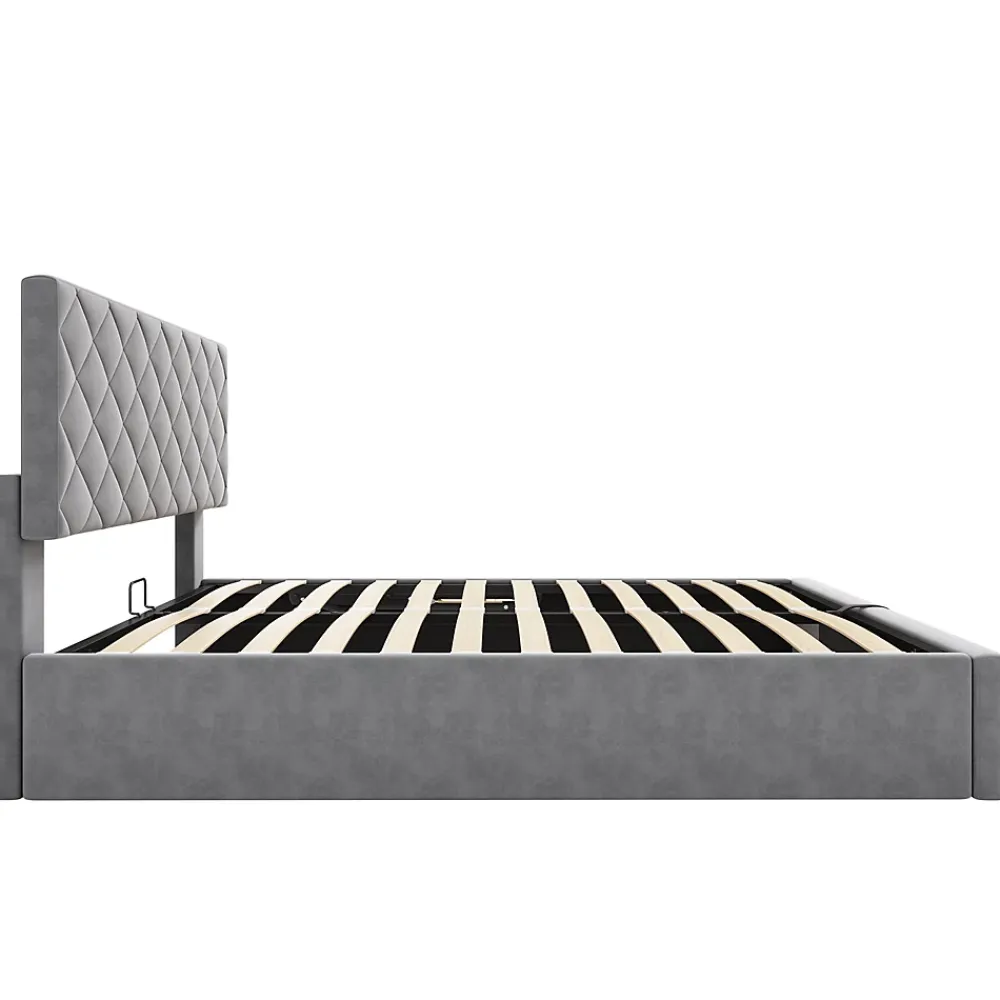 Okwish Lit Coffre Double 140x200 cm, Lit Capitonné en Velours, Grand Espace de Rangement, Gris, Sans Matelas* Lit Coffre