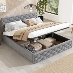 Okwish Lit Coffre Double 140x200 cm, Lit Capitonné en Velours, Grand Espace de Rangement, Gris, Sans Matelas* Lit Coffre