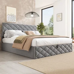 Okwish Lit Coffre Double 140x200 cm, Lit Capitonné en Velours, Grand Espace de Rangement, Gris, Sans Matelas* Lit Coffre
