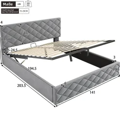 Okwish Lit Coffre Double 140x200 cm, Lit Capitonné en Velours, Grand Espace de Rangement, Gris, Sans Matelas* Lit Coffre