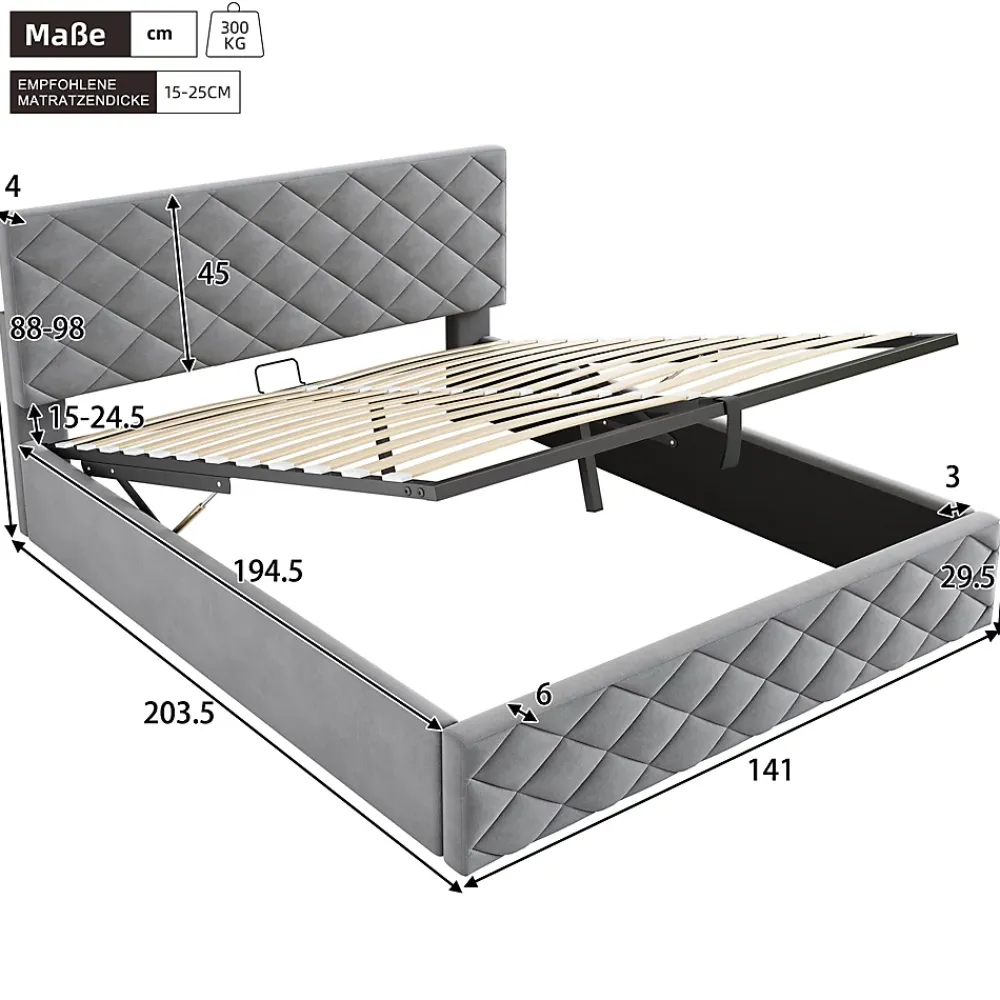 Okwish Lit Coffre Double 140x200 cm, Lit Capitonné en Velours, Grand Espace de Rangement, Gris, Sans Matelas* Lit Coffre