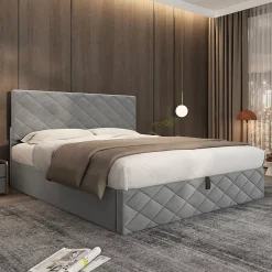 Okwish Lit Coffre Double 140x200 cm, Lit Capitonné en Velours, Grand Espace de Rangement, Gris, Sans Matelas* Lit Coffre
