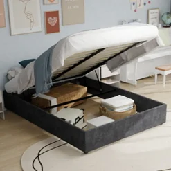 Lit Coffre Double 160x200 cm, Lit Adulte et Ado avec Vérins Hydrauliques, Cadre Moderne en Velours Hollandais Gris, Sans Matelas>Okwish Clearance