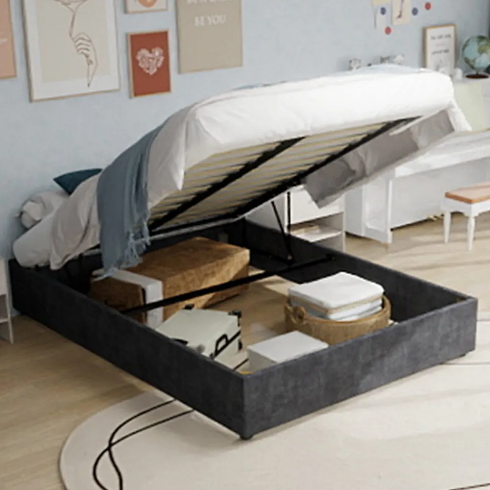 Lit Coffre Double 160x200 cm, Lit Adulte et Ado avec Vérins Hydrauliques, Cadre Moderne en Velours Hollandais Gris, Sans Matelas>Okwish Clearance