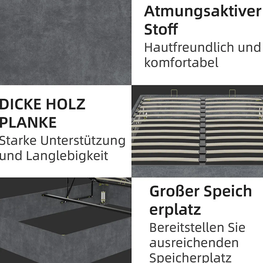 Lit Coffre Double 160x200 cm, Lit Adulte et Ado avec Vérins Hydrauliques, Cadre Moderne en Velours Hollandais Gris, Sans Matelas>Okwish Clearance