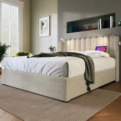Lit Coffre Double 160x200cm Rembourré Rangement Lin Naturel><noscript><img width=