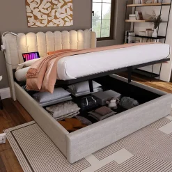 Lit Coffre Double 160x200cm Rembourré Rangement Lin Naturel><noscript><img width=