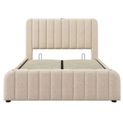 Lit Coffre Double 140x200cm Rembourré Usb-C Lin Beige>Blackcolors Outlet