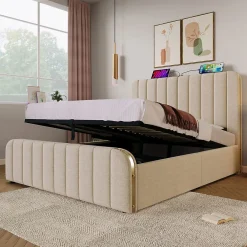 Lit Coffre Double 140x200cm Rembourré Usb-C Lin Beige><noscript><img width=