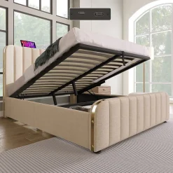 Lit Coffre Double 140x200cm Rembourré Usb-C Lin Beige><noscript><img width=