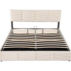 Blackcolors Lit Coffre Double 180x200cm Velours Tête Réglable Rayé Blanc Cassé* Lit Coffre