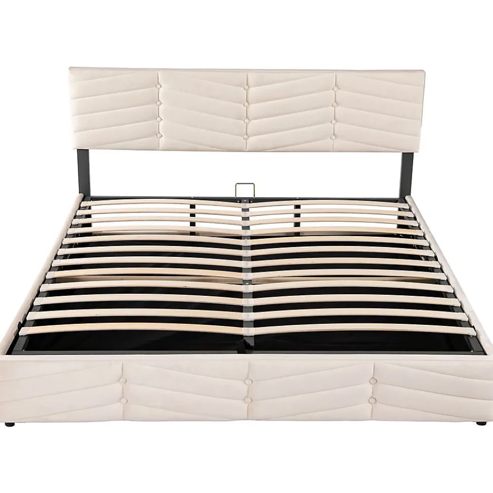 Blackcolors Lit Coffre Double 180x200cm Velours Tête Réglable Rayé Blanc Cassé* Lit Coffre