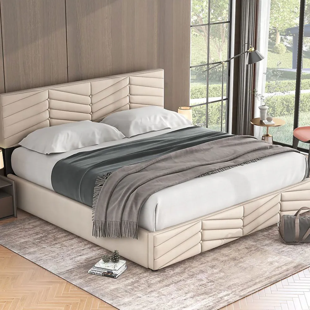 Blackcolors Lit Coffre Double 180x200cm Velours Tête Réglable Rayé Blanc Cassé* Lit Coffre