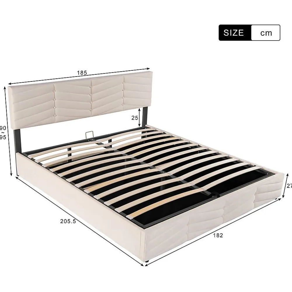 Blackcolors Lit Coffre Double 180x200cm Velours Tête Réglable Rayé Blanc Cassé* Lit Coffre