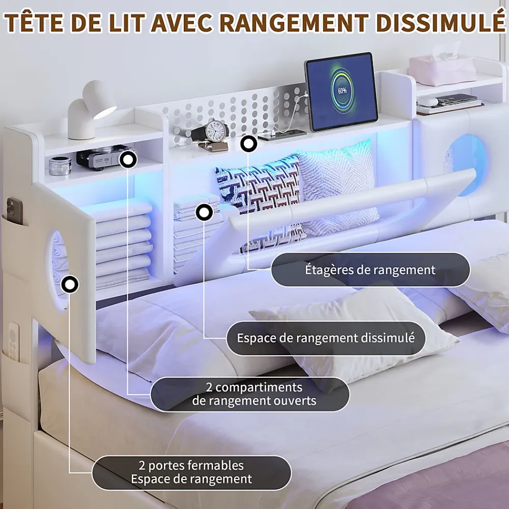 ProximaX Lit coffre en cuir PU 140x200 cm blanc avec tête de lit lumineuse, rangement à vérins, ports USB et USB-C, design moderne* Lit Coffre