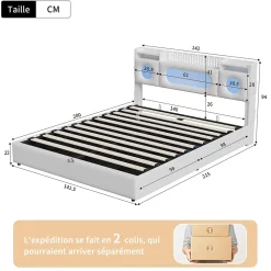 ProximaX Lit coffre en cuir PU 140x200 cm blanc avec tête de lit lumineuse, rangement à vérins, ports USB et USB-C, design moderne* Lit Coffre