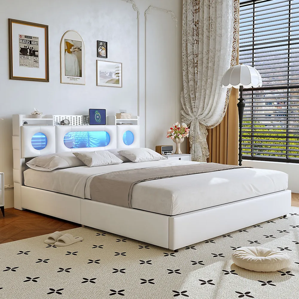 ProximaX Lit coffre en cuir PU 140x200 cm blanc avec tête de lit lumineuse, rangement à vérins, ports USB et USB-C, design moderne* Lit Coffre