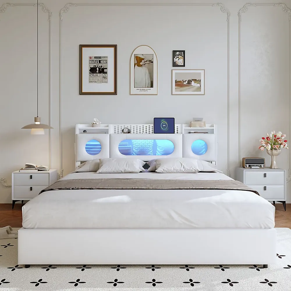 ProximaX Lit coffre en cuir PU 140x200 cm blanc avec tête de lit lumineuse, rangement à vérins, ports USB et USB-C, design moderne* Lit Coffre