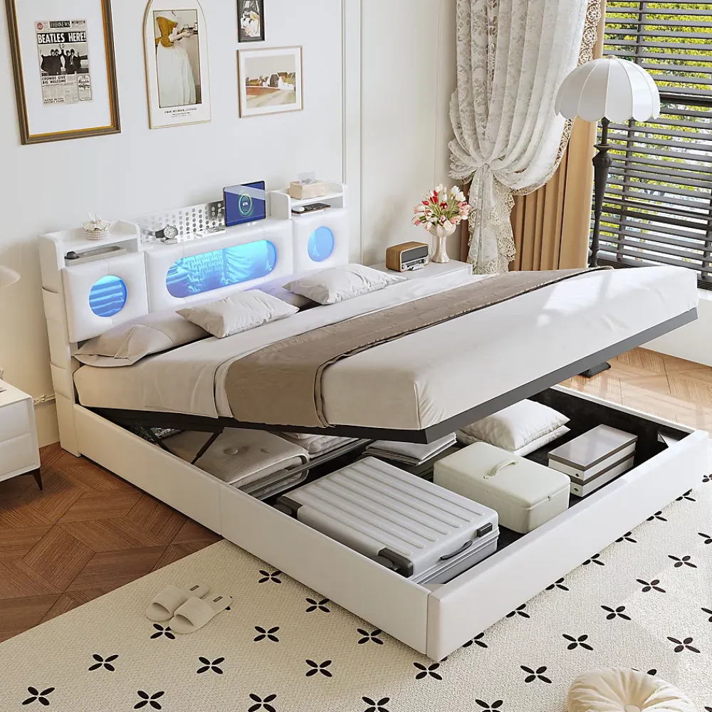 ProximaX Lit coffre en cuir PU 140x200 cm blanc avec tête de lit lumineuse, rangement à vérins, ports USB et USB-C, design moderne* Lit Coffre