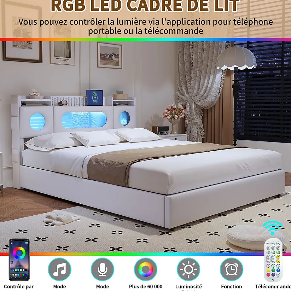 ProximaX Lit coffre en cuir PU 140x200 cm blanc avec tête de lit lumineuse, rangement à vérins, ports USB et USB-C, design moderne* Lit Coffre