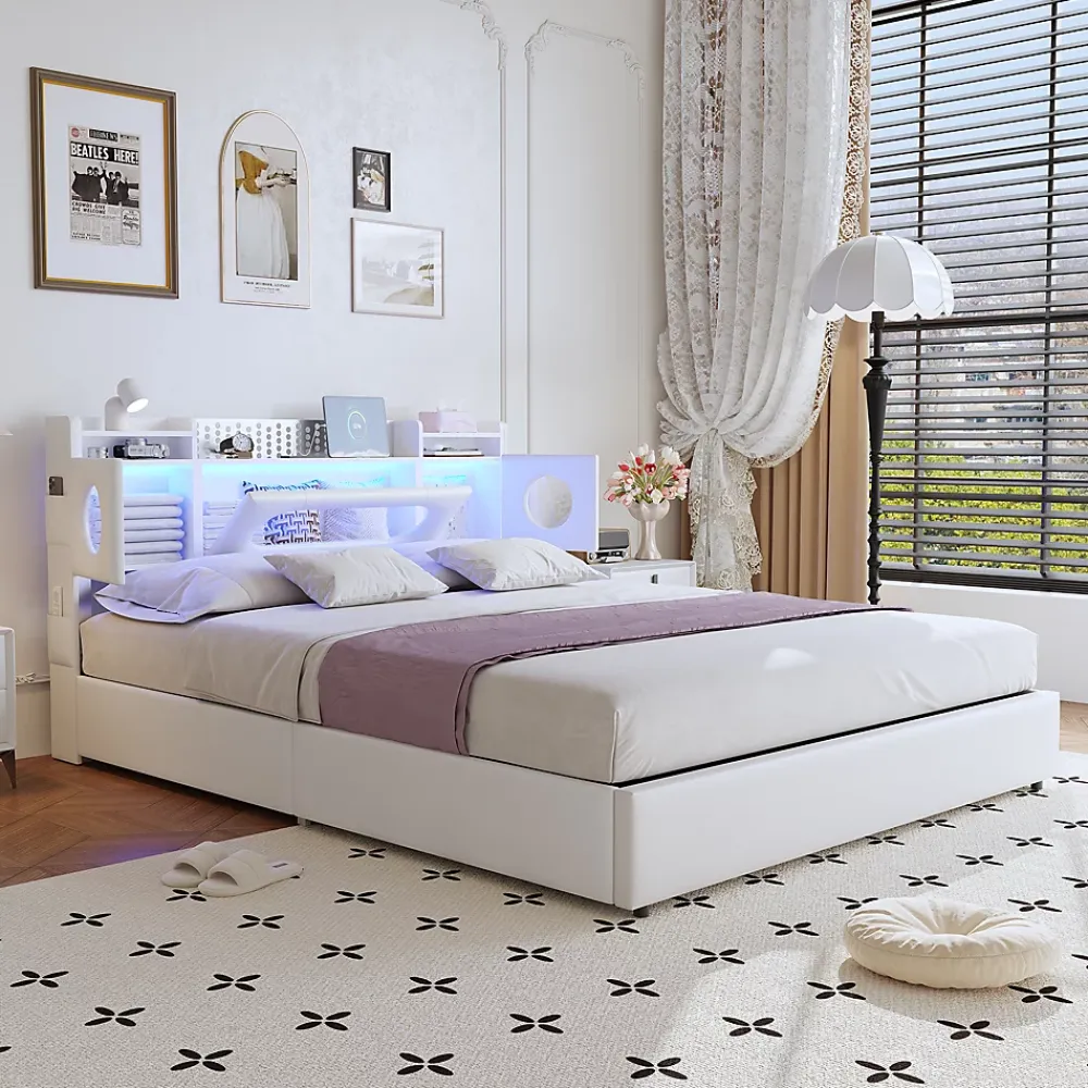 ProximaX Lit coffre en cuir PU 140x200 cm blanc avec tête de lit lumineuse, rangement à vérins, ports USB et USB-C, design moderne* Lit Coffre