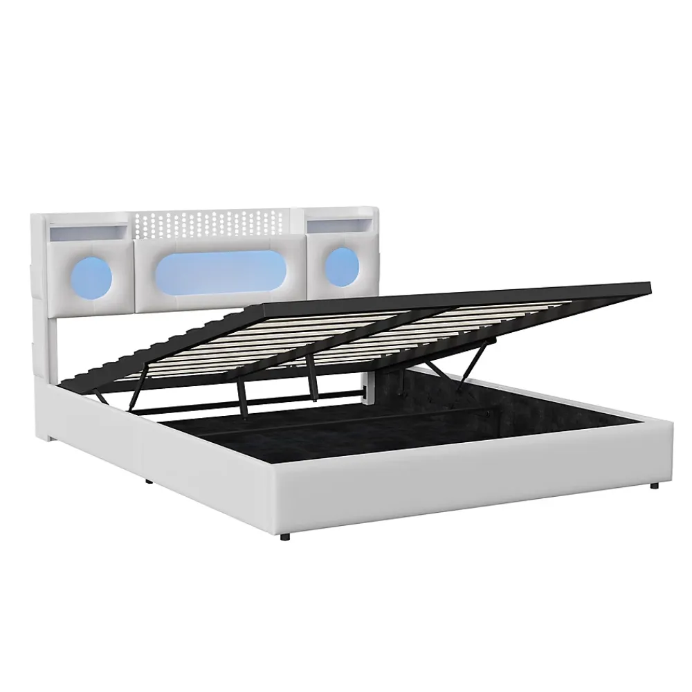 ProximaX Lit coffre en cuir PU 140x200 cm blanc avec tête de lit lumineuse, rangement à vérins, ports USB et USB-C, design moderne* Lit Coffre