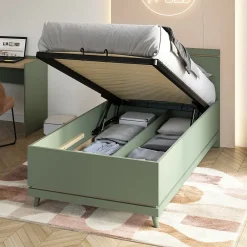 Meublorama Lit coffre enfant NOKI 100x200 cm vert et bois Style scandinave*Enfant Lit Enfant