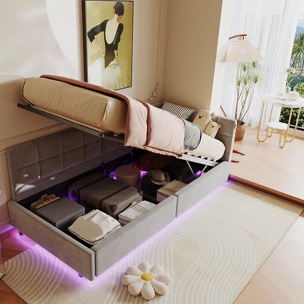 Fortuna lai Lit Coffre Enfant 90x200cm Avec Coffre Hydraulique,éclairage LED Et USB,avec Sommier à Lattes,gris* Sommier