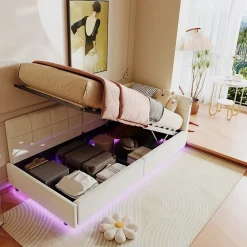 Fortuna lai Lit Coffre Enfant 90x200cm Avec Coffre Hydraulique,éclairage LED Et USB,avec Sommier à Lattes,beige*Enfant Lit Enfant