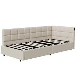 Fortuna lai Lit Coffre Enfant 90x200cm Avec Coffre Hydraulique,éclairage LED Et USB,avec Sommier à Lattes,beige*Enfant Lit Enfant