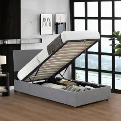 Lit coffre Juva rembourré avec velours côtelé 90 x 200 cm gris>Corium Online
