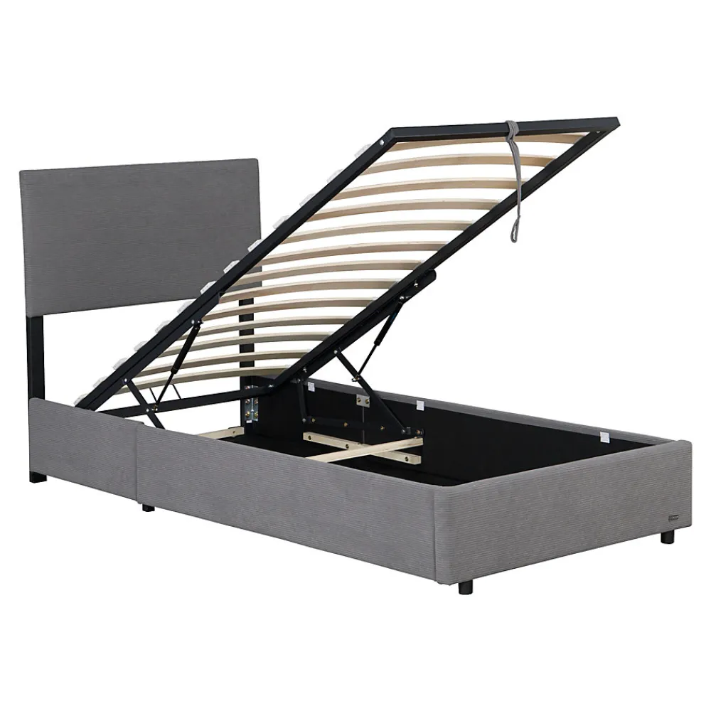 Lit coffre Juva rembourré avec velours côtelé 90 x 200 cm gris>Corium Online