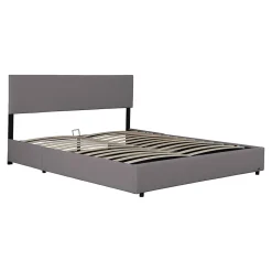 Lit coffre Juva rembourré avec velours côtelé 140 x 200 cm gris><noscript><img width=