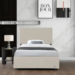 Lit coffre Juva rembourré avec velours côtelé 90 x 200 cm beige><noscript><img width=