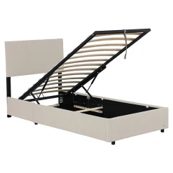 Lit coffre Juva rembourré avec velours côtelé 90 x 200 cm beige><noscript><img width=